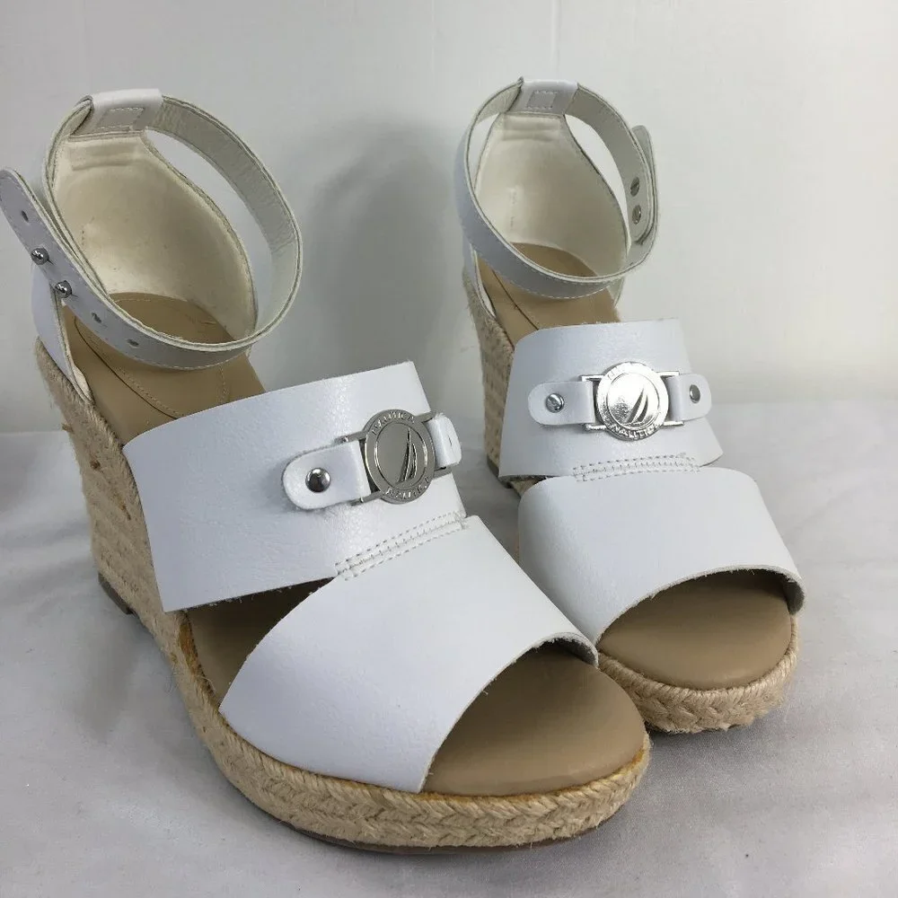 Nautica White Wedge Espadrille Open Toe Heel Sandal Size 8.5 GREAT Condition